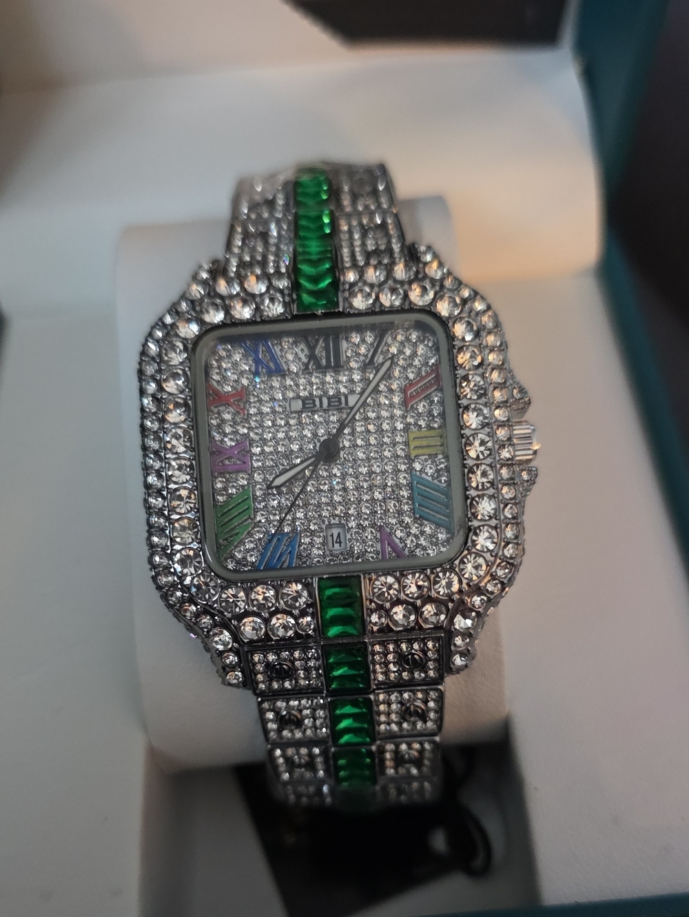 238.  BIBI Luxury Iced Out Gem-Set Square Silver Watch With Green Crystal Accent